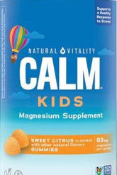 Natural Vitality Calm Kids Gummies, a sweet citrus magnesium supplement for children's healthy mood support.